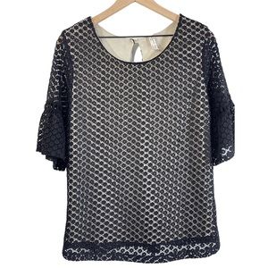 Per Seption Concept Size Large Black Lace Overlay Beige Lining Ruffle Sleeves